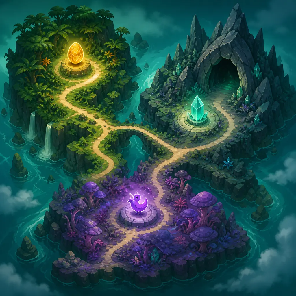 Ilustração conceitual de uma rota de colecionáveis de Voidling Bound com Golden Egg, cristal Mutagen e marcador roxo de Quacky
