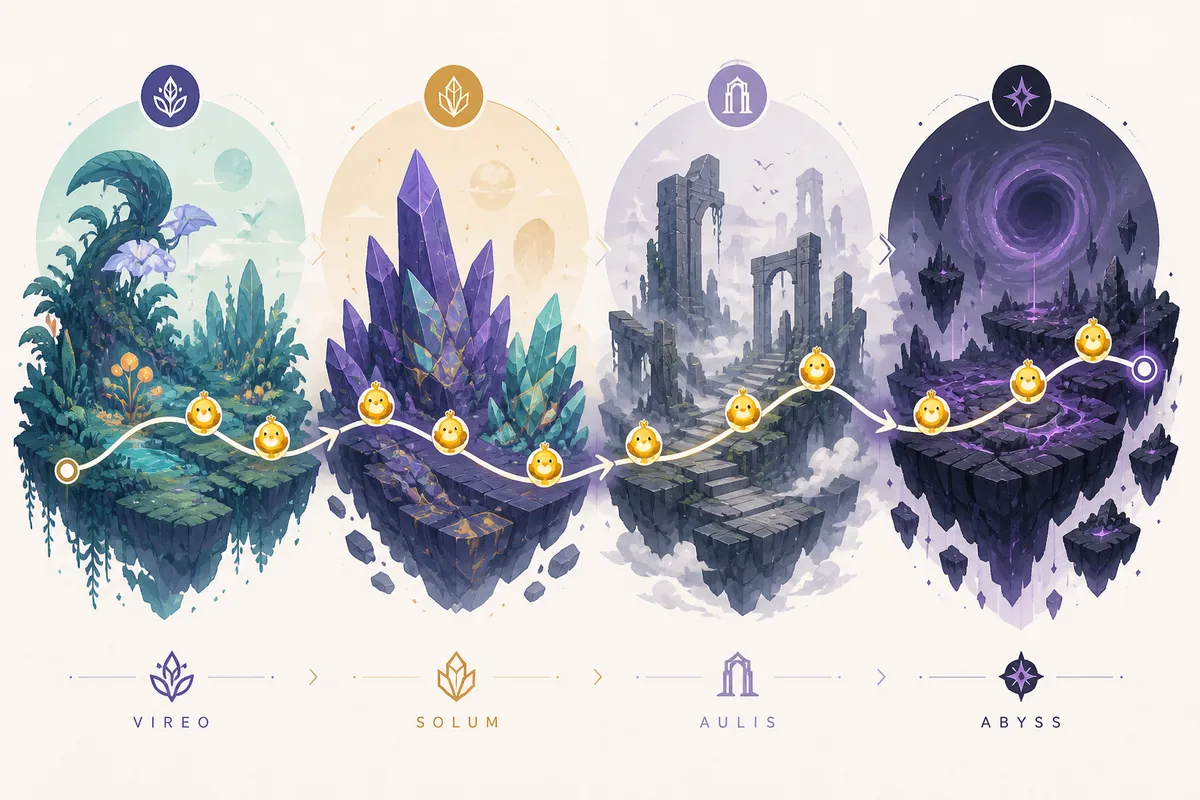 Illustration éditoriale non officielle de la route des Quackies à travers Vireo, Solum, Aulis et Abyss