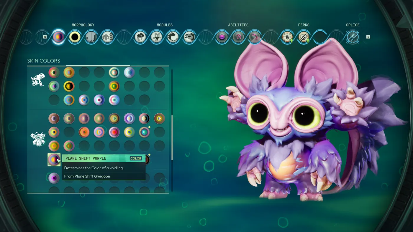 Captura oficial da Steam de Voidling Bound mostrando morfologia, módulos, habilidades e perks
